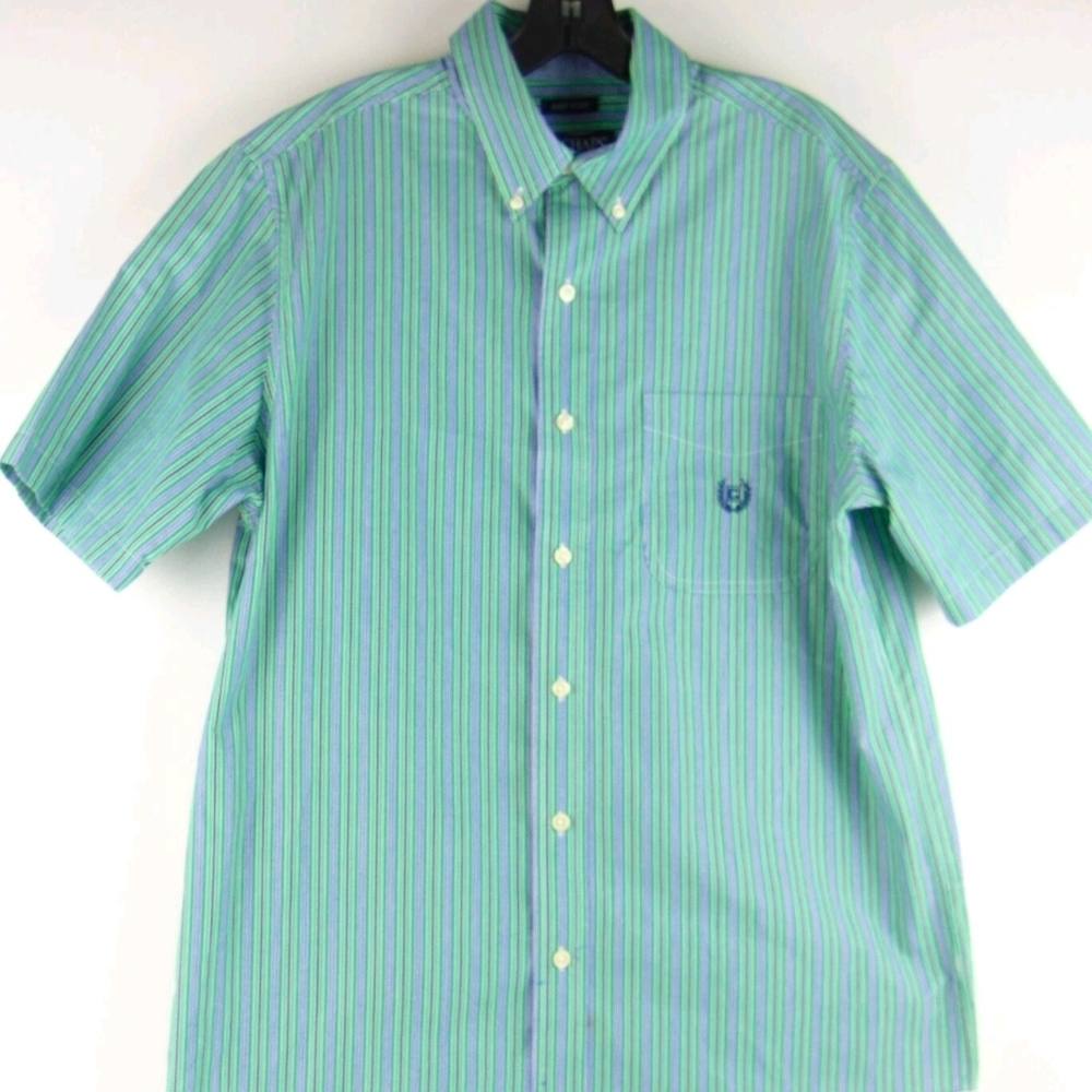 Chaps Button Down Shirt Mens XL Green Blue Stripe Short Sleeve Pocket Logo NEW
